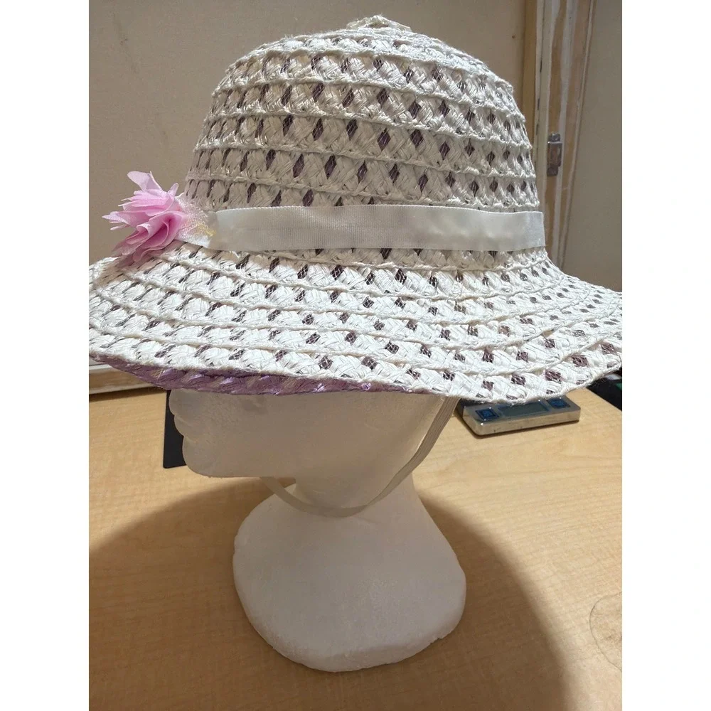 Girls White Purple Woven Straw Sun Hat Pink Flower Ribbon Accent Chin Strap